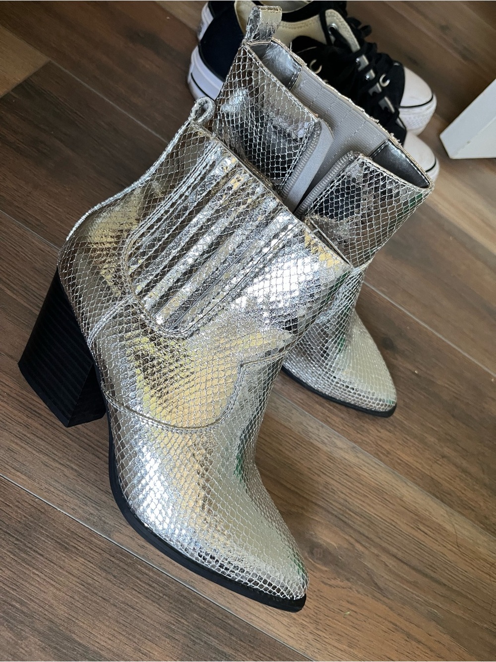 Silver Snake-Texture Block Heel Ankle Boots